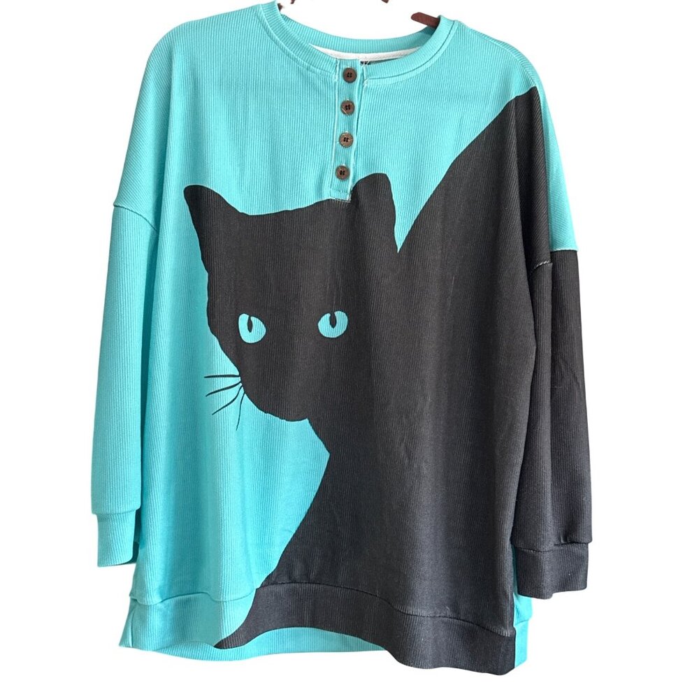 Oversized Turquoise Henley With Black Cat Print & Button Neck Size 2XL - Picture 1 of 5